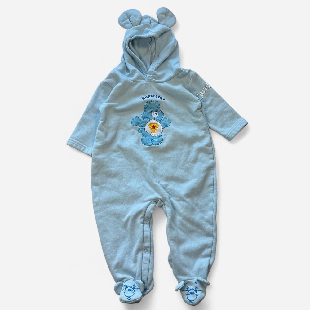 Vintage 2004 Care Bears Superstar Bear Baby Hooded Romper Blue 6-9M 074058A